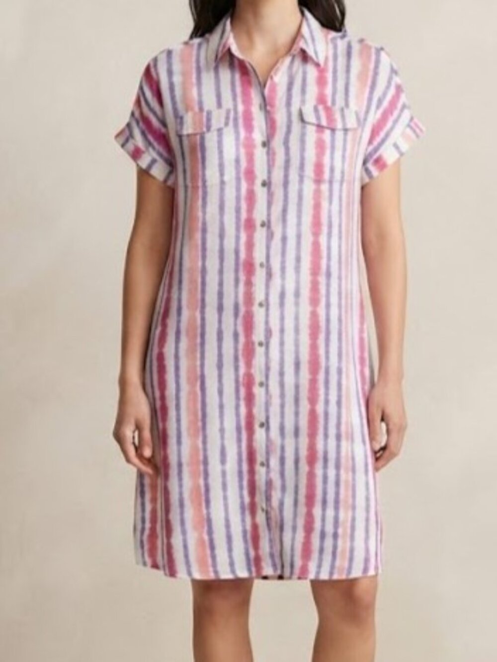 Striped Tie-Dye Button-Front Midi Shirt Dress